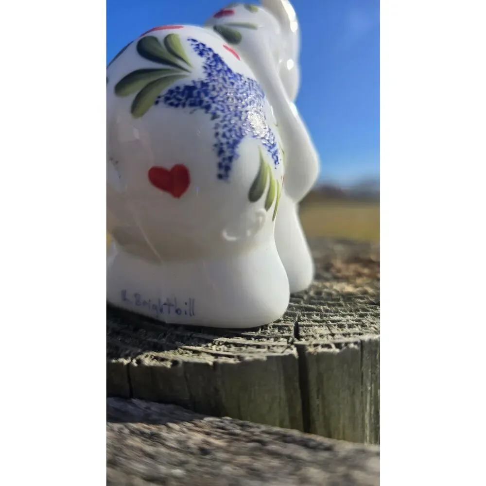Fenton Glass Hand Painted Elephant Figure K Brightbill Hearts Flowers Blue White